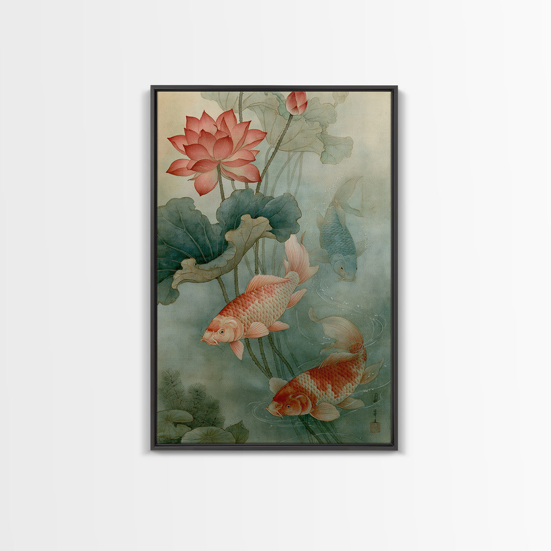 Lotus and Koi Canvas Print, Spiritual Art, Framed Wall Art, Living Room Decor, Fine Art, Spirit, Digital Poster, SPI-2x3-50