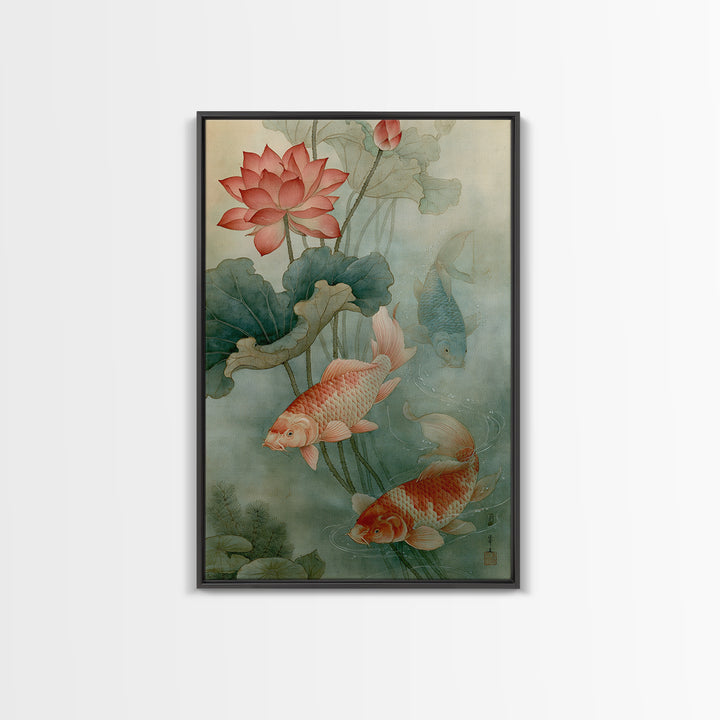 Lotus and Koi Canvas Print, Spiritual Art, Framed Wall Art, Living Room Decor, Fine Art, Spirit, Digital Poster, SPI-2x3-50