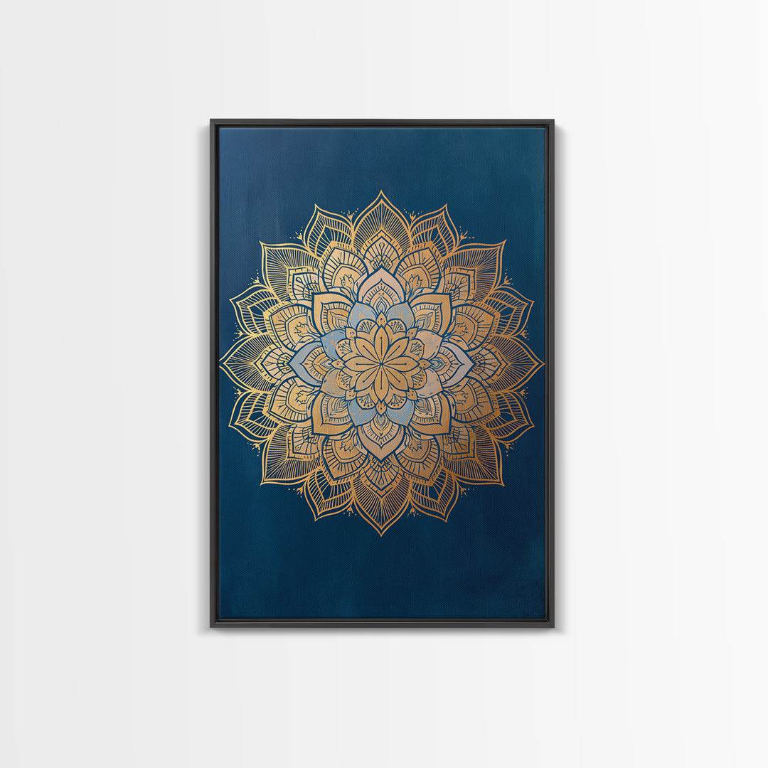 Gold Mandala on Deep Blue Background Framed Canvas Print, Spiritual Art, Christian Decor, Living Room Decor, Fine Art, Spirit, SPI-2x3-60