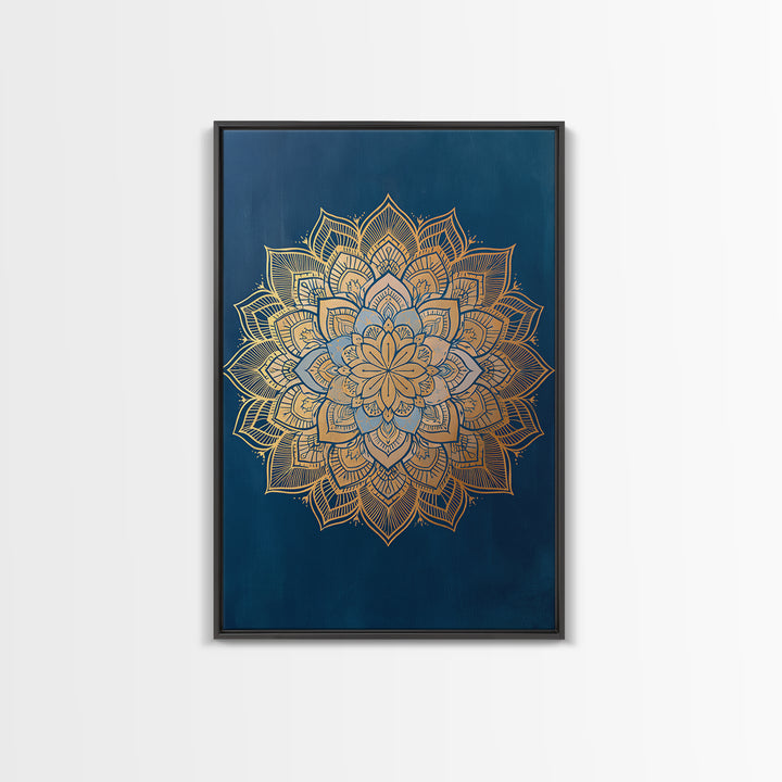 Gold Mandala on Deep Blue Background Framed Canvas Print, Spiritual Art, Christian Decor, Living Room Decor, Fine Art, Spirit, SPI-2x3-60