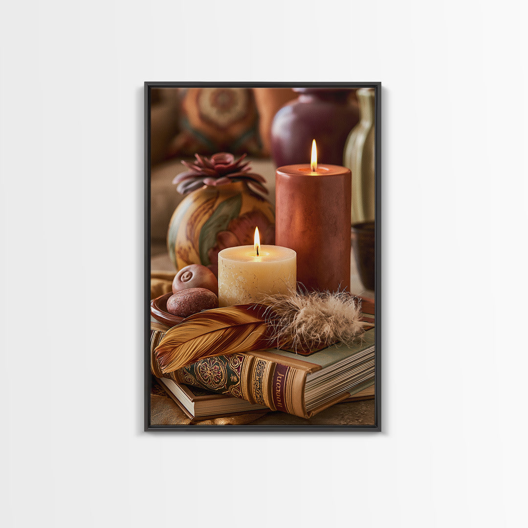 Candle and Feather Still Life Framed Canvas Print, Spiritual Art, Art, Living Room Decor, Fine Art, Spirit, Canvas Wall Art, SPI-2x3-76