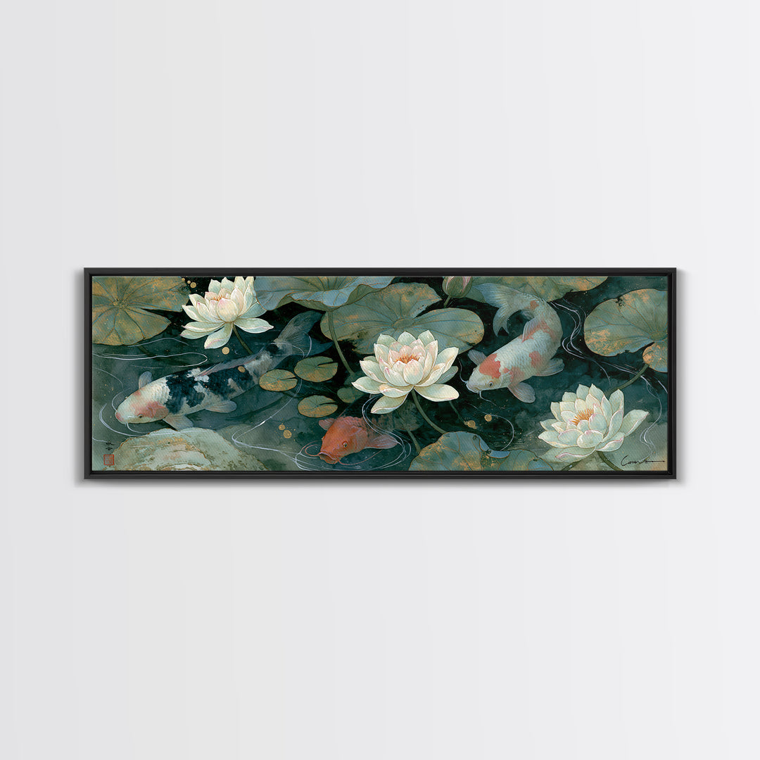Lotus and Koi Framed Canvas Print, Spiritual Art, Canvas Wall Art, Living Room Decor, Fine Art, Spirit, Contemporary Art, SPI-3x1-10
