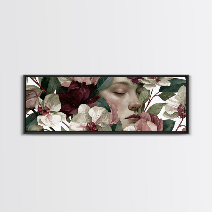 Serene Face with Closed Eyes and Flowers Canvas Print, Spiritual Art, Canvas Painting, Living Room Decor, Watercolor Art, SPI-3x1-4