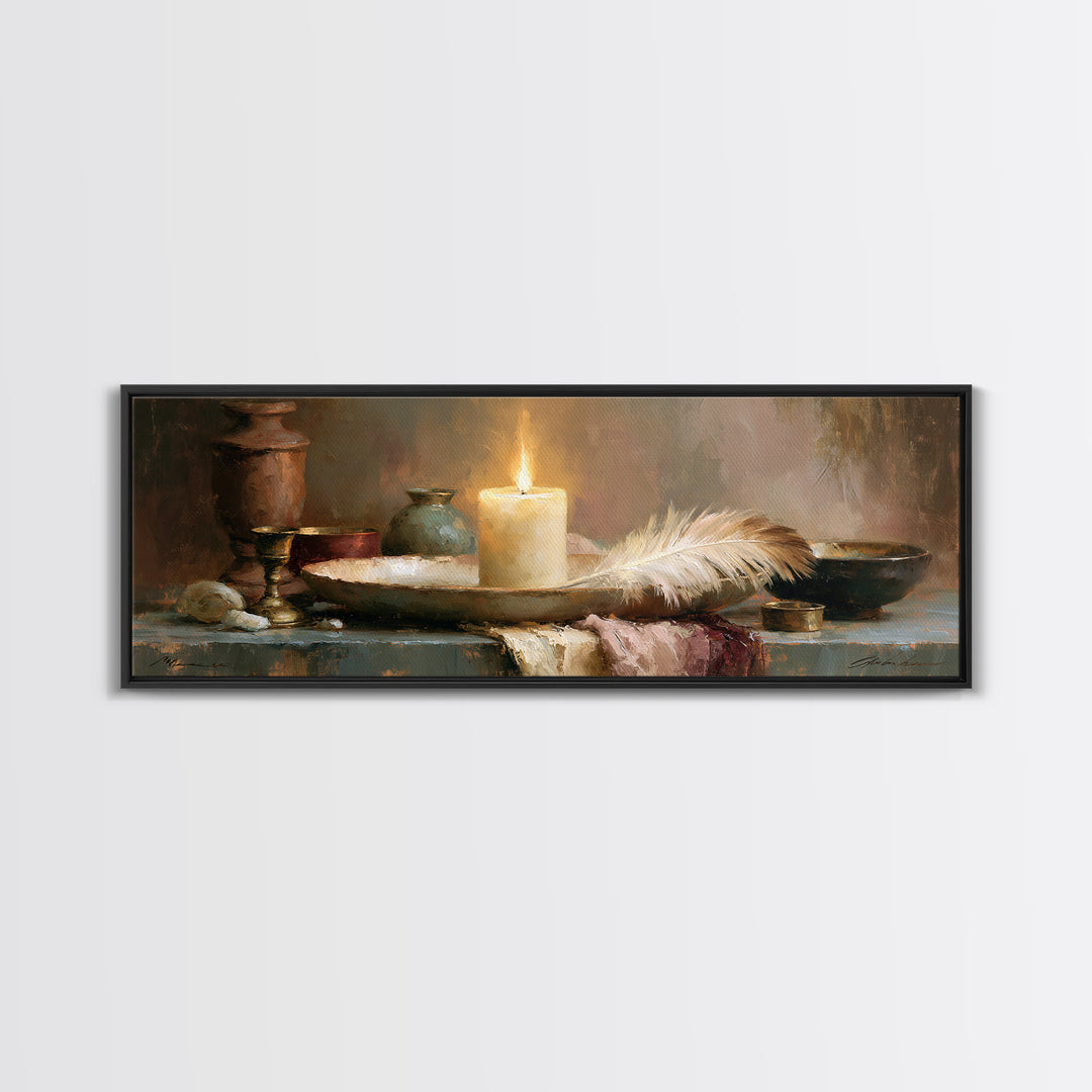 Candle and Feather Still Life Framed Canvas Print, Spiritual Art, Textured Painting, Living Room Decor, Fine Art, Spirit, SPI-3x1-60