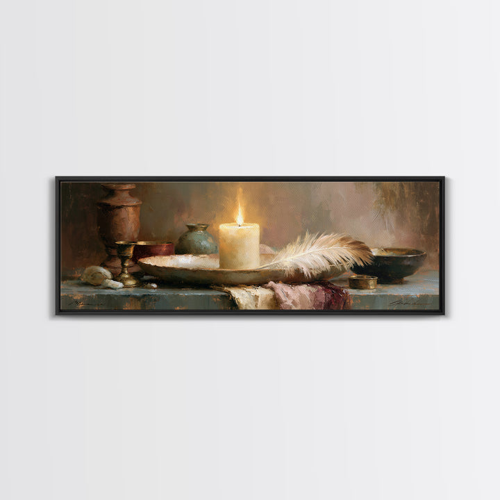 Candle and Feather Still Life Framed Canvas Print, Spiritual Art, Textured Painting, Living Room Decor, Fine Art, Spirit, SPI-3x1-60