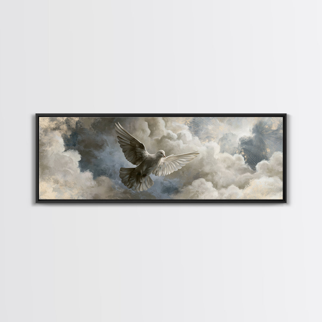 Dove Flying Through Radiant Clouds Framed Canvas Print, Spiritual Art, Art, Living Room Decor, Spirit, Canvas Wall Art, SPI-3x1-69