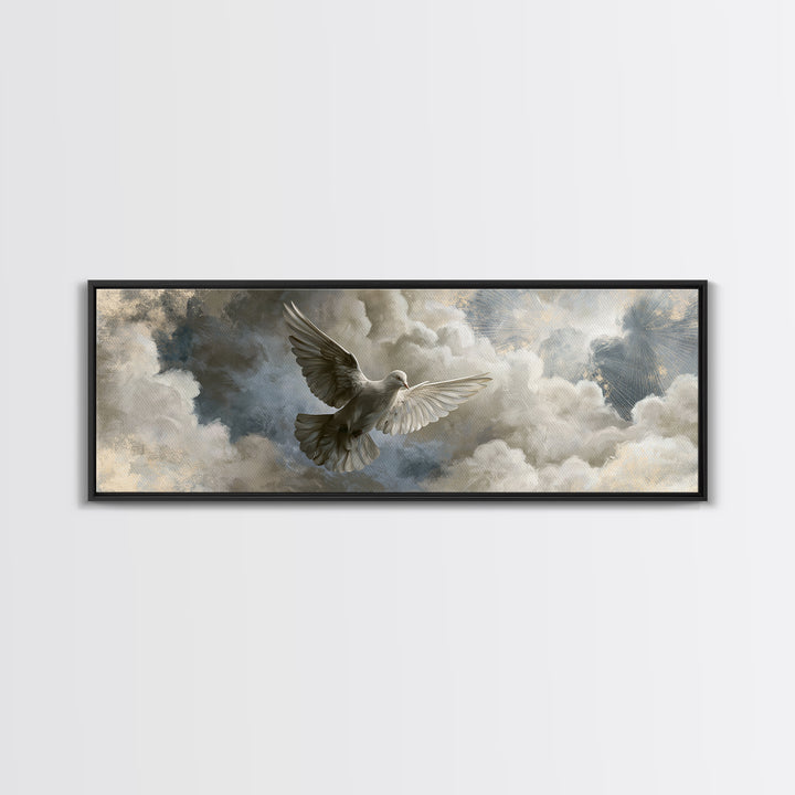 Dove Flying Through Radiant Clouds Framed Canvas Print, Spiritual Art, Art, Living Room Decor, Spirit, Canvas Wall Art, SPI-3x1-69