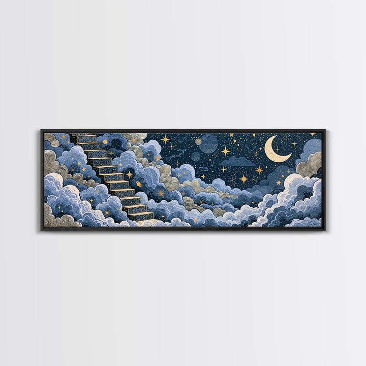 Celestial Staircase Through Clouds Framed Canvas Print, Spiritual Art, Wall Art, Living Room Decor, Fine Art, Spirit, SPI-3x1-81