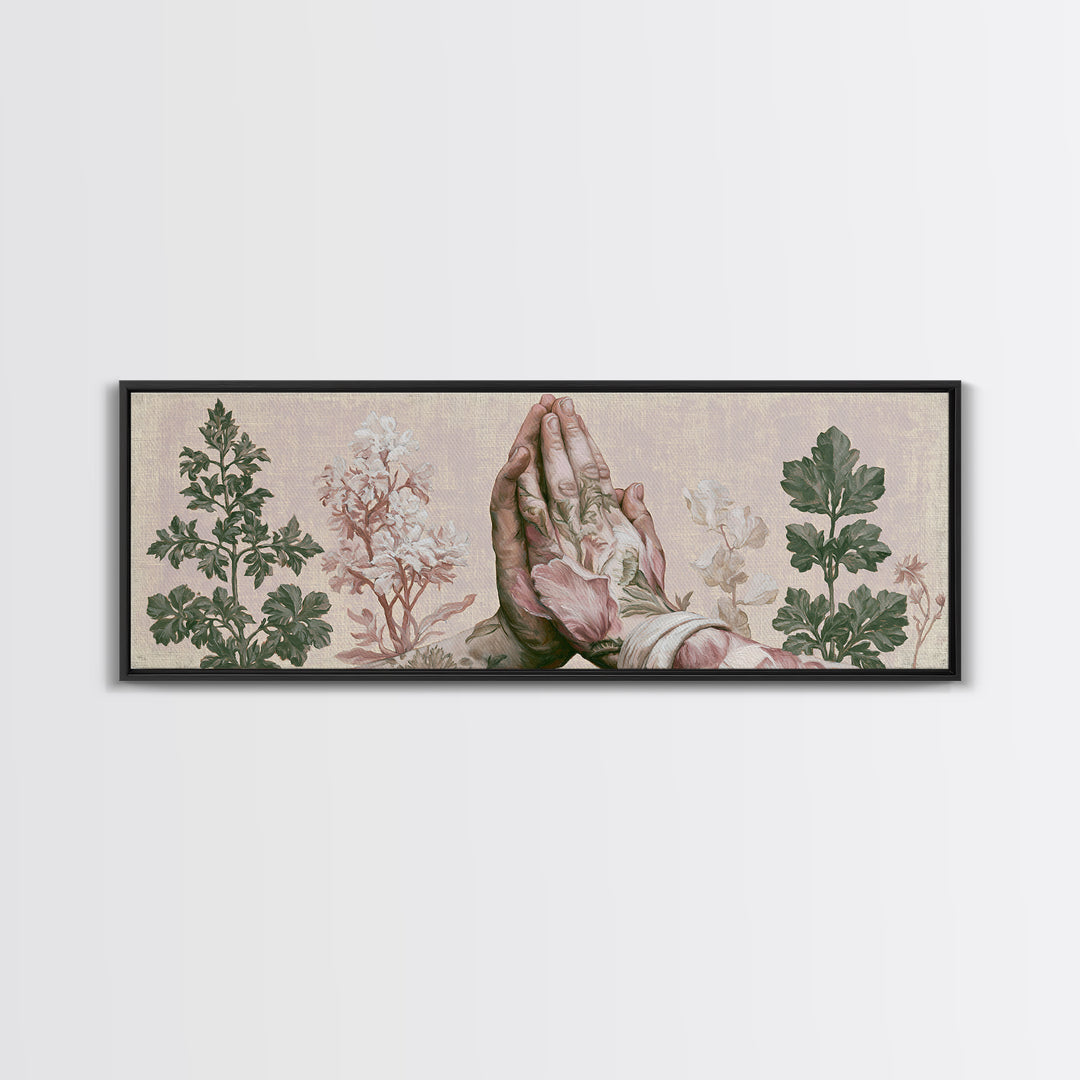 Prayer Hands with Botanical Details Canvas Print, Spiritual Art, Printable, Living Room Decor, Watercolor Art, Spirit, SPI-3x1-97
