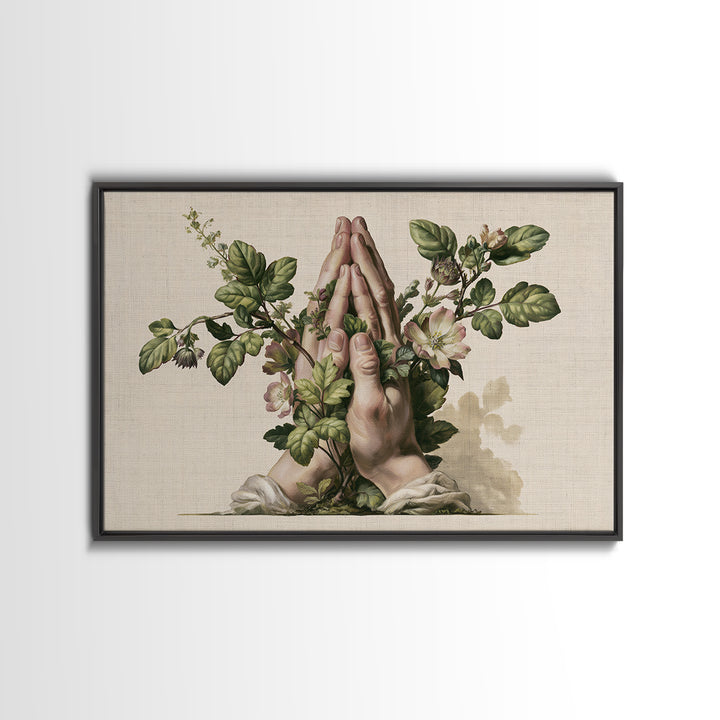 Prayer Hands with Botanical Details Framed Canvas Print, Spiritual Art, Living Room Decor, Watercolor Art, Spirit, SPI-3x2-13