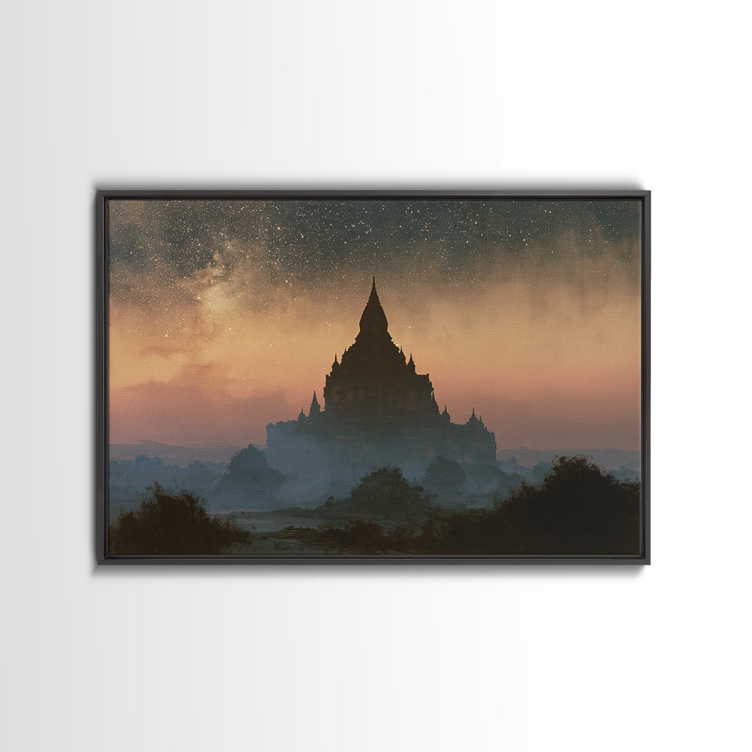 Ancient Temple Silhouette Framed Canvas Print, Spiritual Art, Art Prints, Living Room Decor, Spirit, Abstract Wall Art, SPI-3x2-23