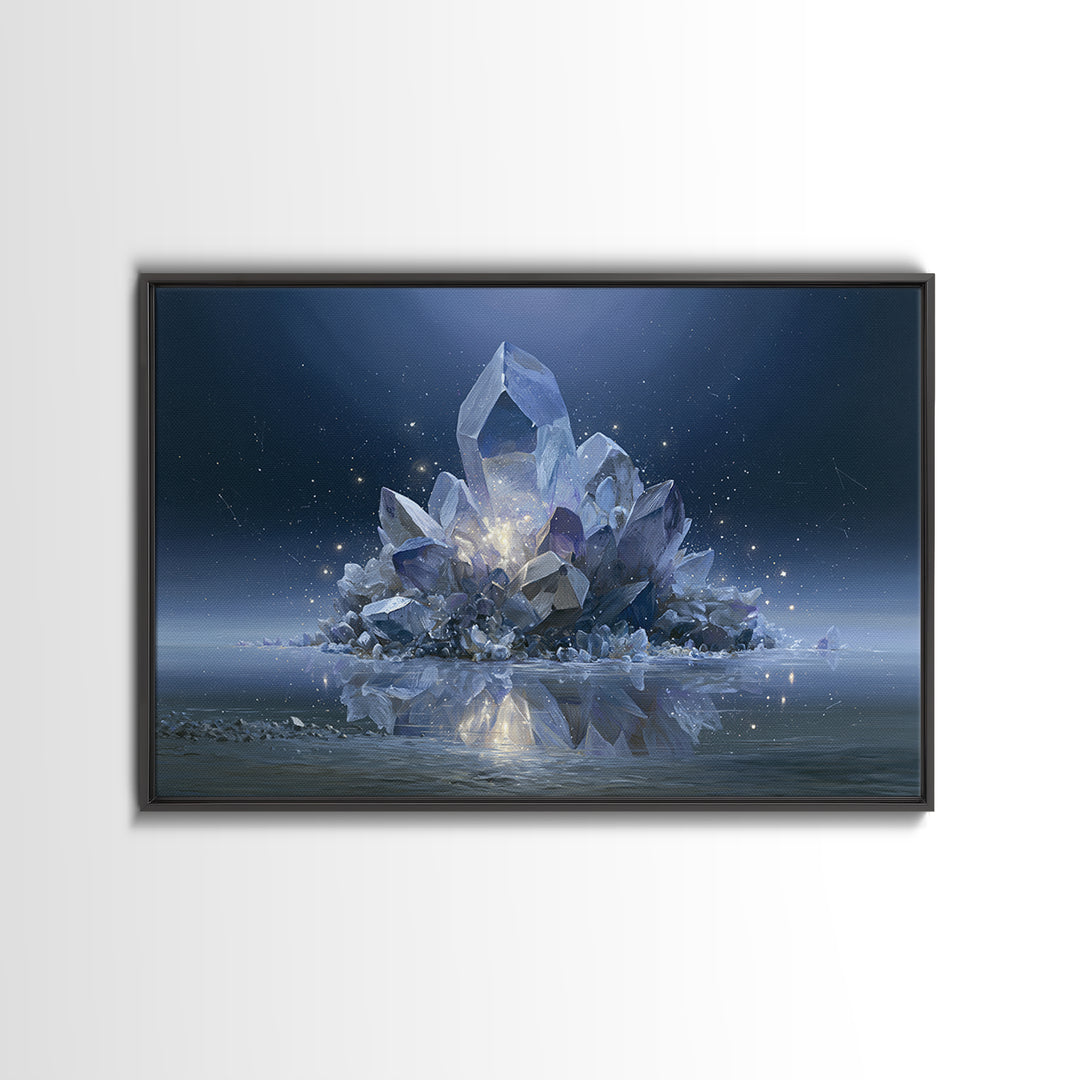 Crystal Cluster with Moonlight Reflections Framed Canvas Print, Spiritual Art, Living Room Decor, Watercolor Art, Spirit, SPI-3x2-41