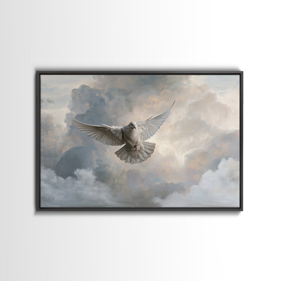 Dove Flying Through Radiant Clouds Canvas Print, Spiritual Art, Poster, Living Room Decor, Fine Art, Spirit, Framed Wall Art, SPI-3x2-57