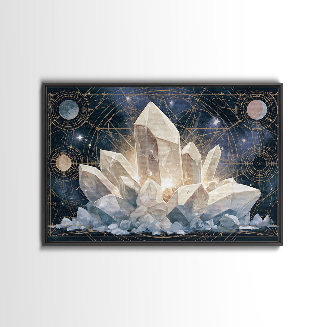 Crystal Cluster with Moonlight Reflections Framed Canvas Print, Spiritual Art, Living Room Decor, Watercolor Art, Spirit, SPI-3x2-65