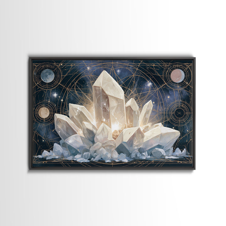 Crystal Cluster with Moonlight Reflections Framed Canvas Print, Spiritual Art, Living Room Decor, Watercolor Art, Spirit, SPI-3x2-65