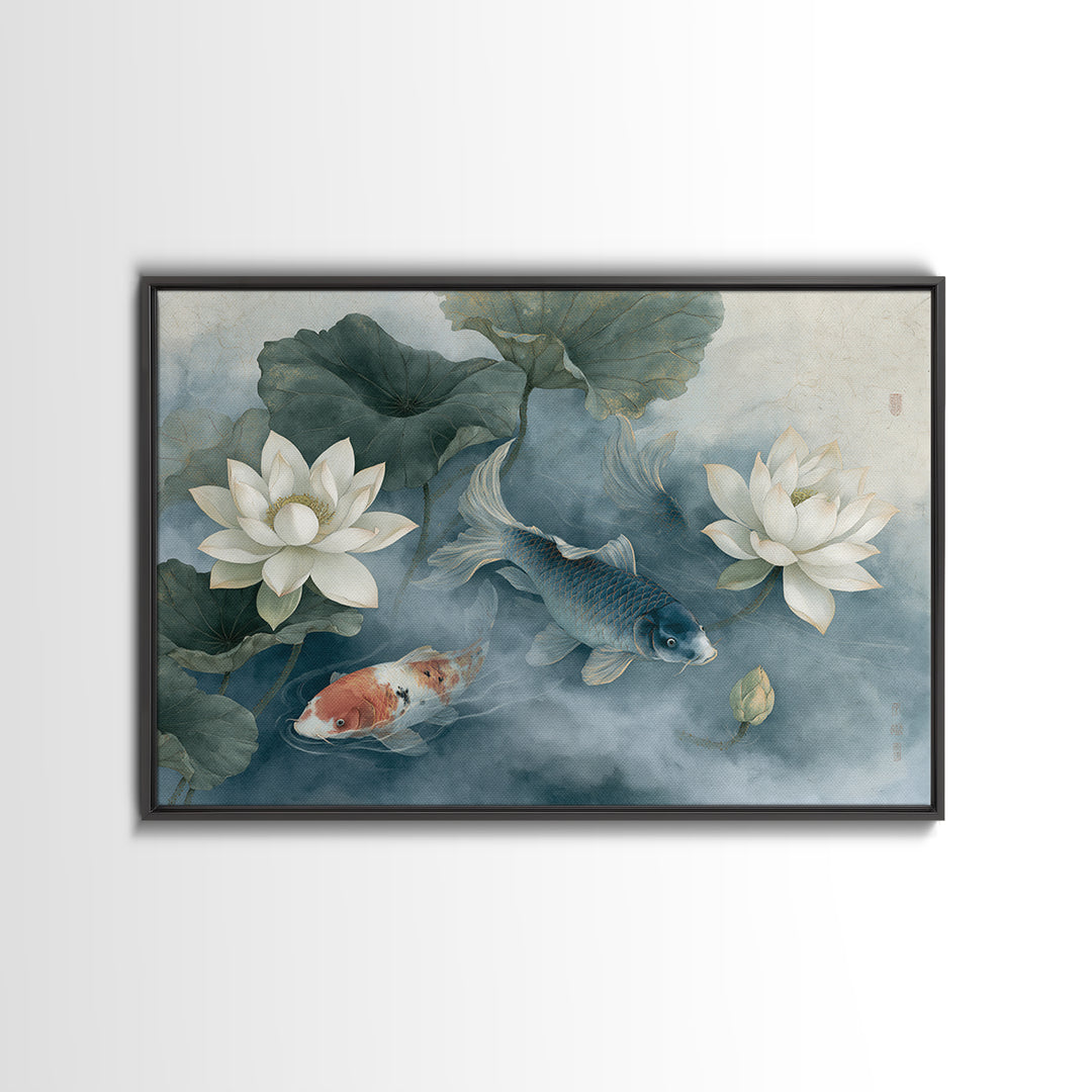 Lotus and Koi Framed Canvas Print, Spiritual Art, Neutral Decor, Living Room Decor, Fine Art, Spirit, Digital Prints, SPI-3x2-70