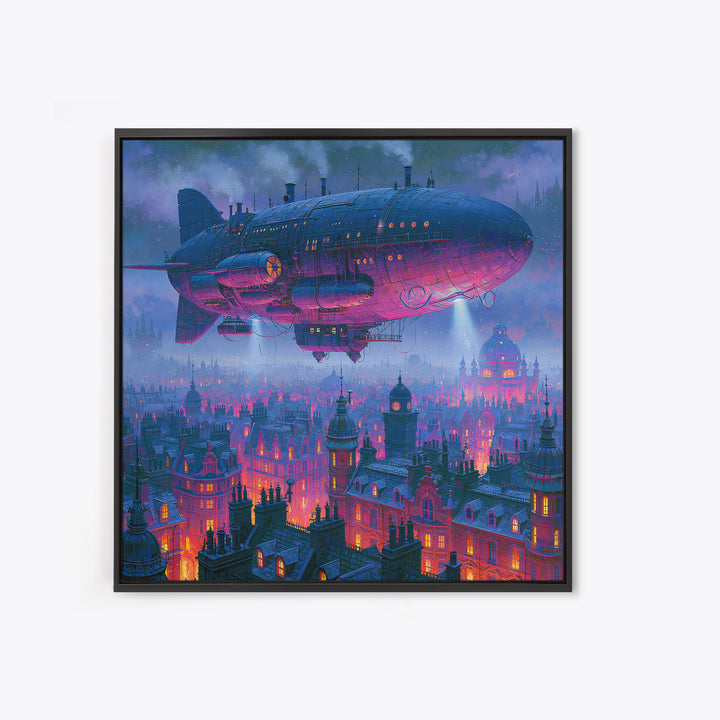 Airship Floating Above Victorian City Roofs Framed Canvas Print, Steampunk Art, Modern Art, Living Room Decor, Mechanic, STE-1x1-2