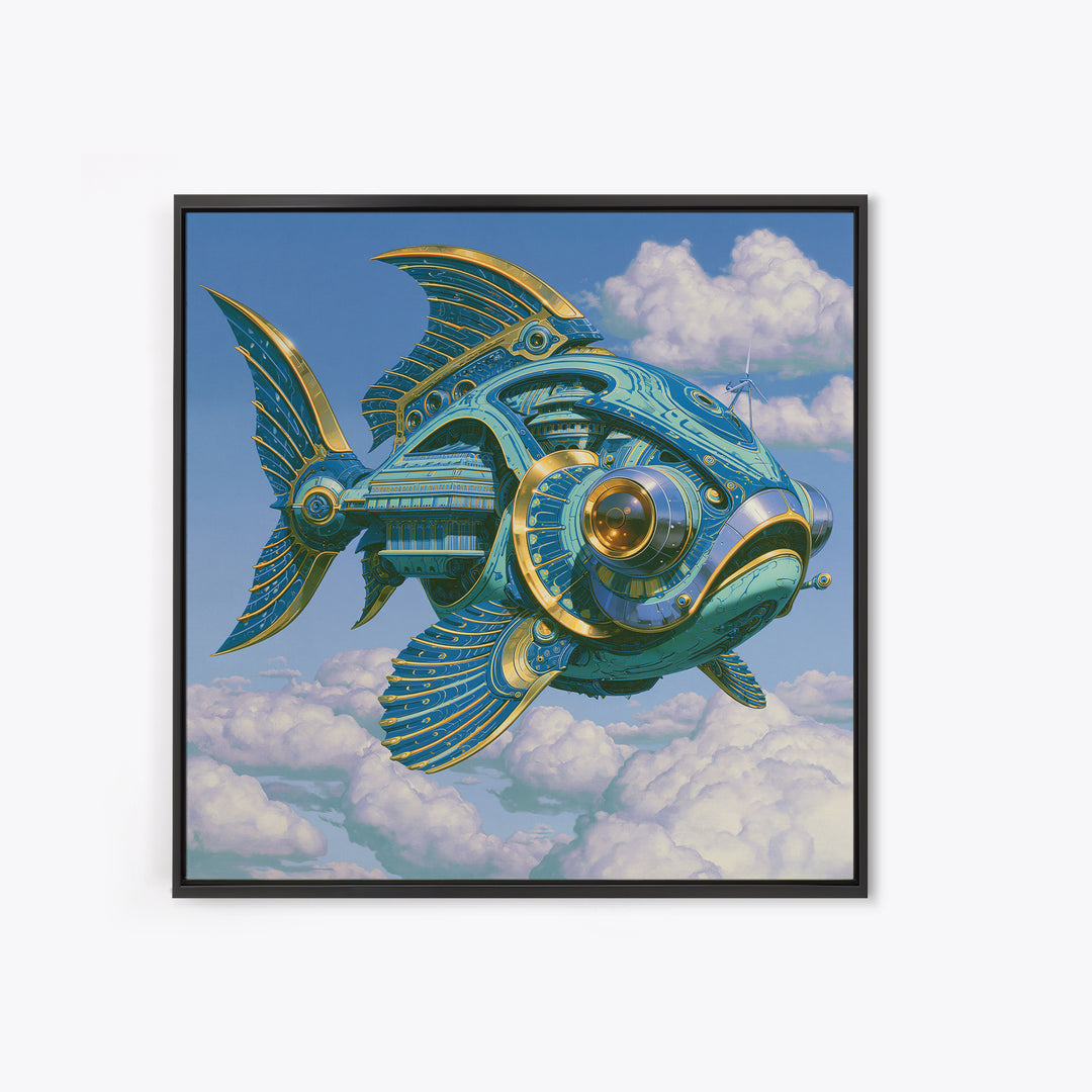 Mechanical Fish Swimming Through Clouds Canvas Print, Steampunk Art, Cat Art, Living Room Decor, Oil Painting, Mechanic, STE-1x1-22