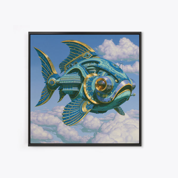 Mechanical Fish Swimming Through Clouds Canvas Print, Steampunk Art, Cat Art, Living Room Decor, Oil Painting, Mechanic, STE-1x1-22