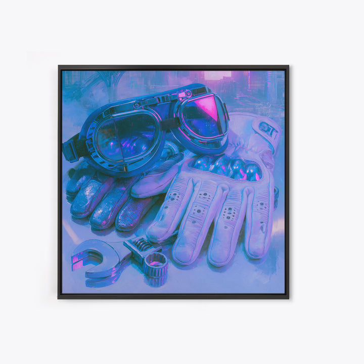 Goggles Gloves and Wrench Still Life Canvas Print, Steampunk Art, Abstract Art, Living Room Decor, Fine Art, Mechanic, STE-1x1-23