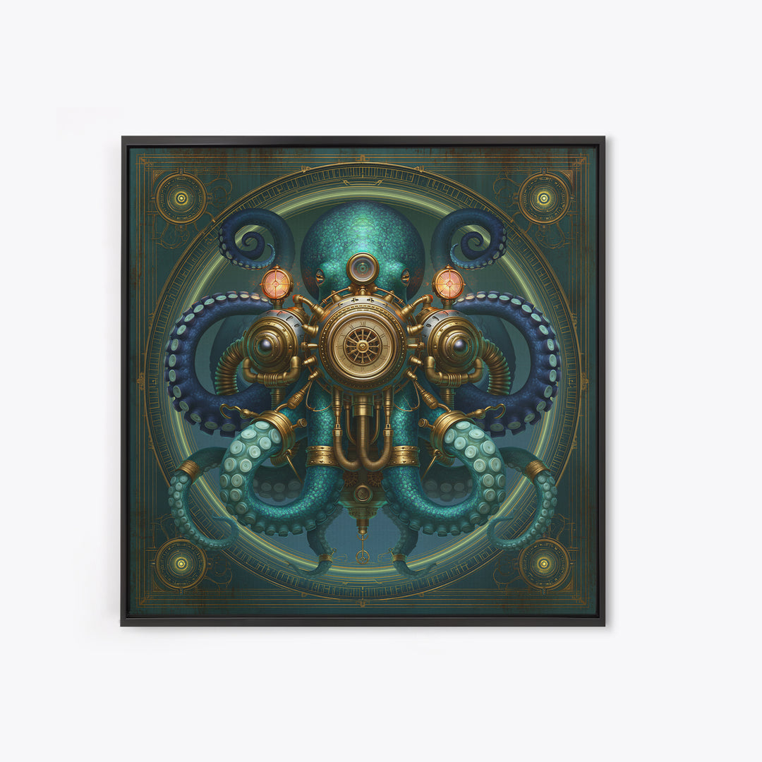 Steampunk Octopus with Brass Tentacles Framed Canvas Print, Steampunk Art, Textured Painting, Living Room Decor, Mechanic, STE-1x1-29
