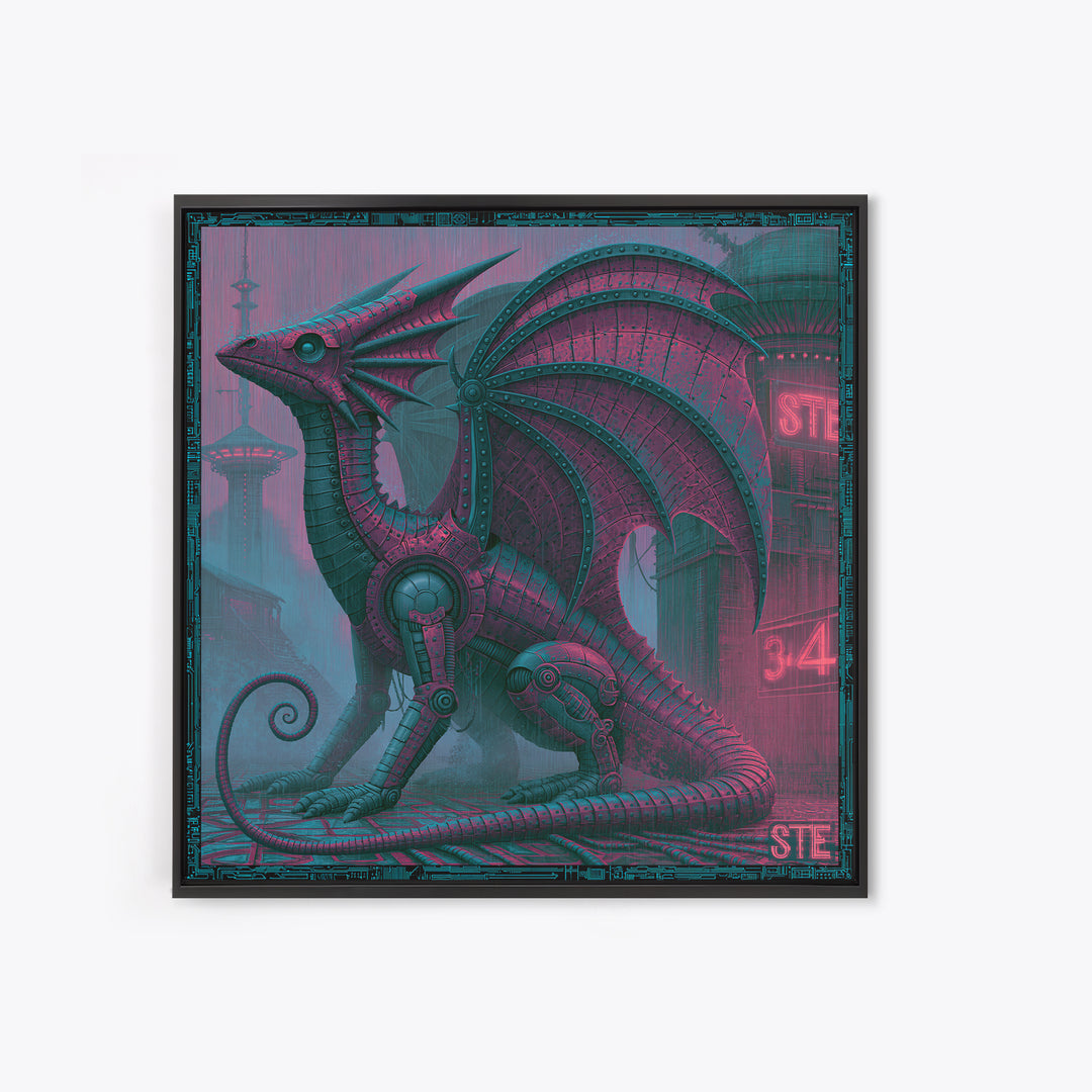 Copper Dragon with Riveted Wings Framed Canvas Print, Steampunk Art, Abstract Art Print, Living Room Decor, Watercolor Art, STE-1x1-34