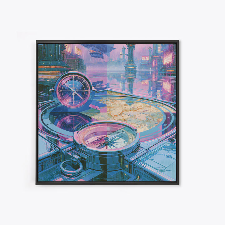 Airship Captain Map and Compass Still Life Framed Canvas Print, Steampunk Art, Steampunk Lamp, Living Room Decor, Abstract Art, STE-1x1-42