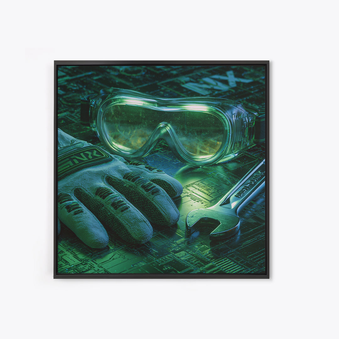 Goggles Gloves and Wrench Still Life Framed Canvas Print, Steampunk Art, Boho Wall Art, Living Room Decor, Fine Art, Mechanic, STE-1x1-47