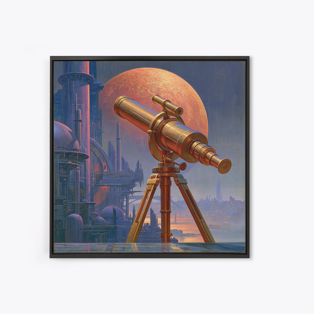 Brass Telescope Aimed at Copper Moon Framed Canvas Print, Steampunk Art, Wall Decor, Living Room Decor, Fine Art, Mechanic, STE-1x1-48