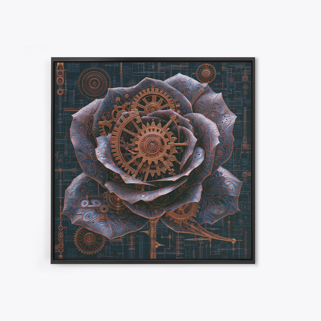 Mechanical Rose Made of Copper Gears Framed Canvas Print, Steampunk Art, Dark Art, Living Room Decor, Oil Painting, Mechanic, STE-1x1-51