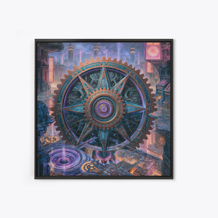 Cogwheel Mandala in Bronze and Teal Framed Canvas Print, Steampunk Art, Wall Art Print, Living Room Decor, Fine Art, Mechanic, STE-1x1-64