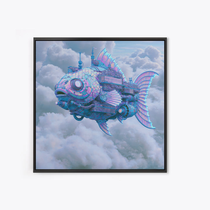 Mechanical Fish Swimming Through Clouds Framed Canvas Print, Steampunk Art, Steampunk Decor, Living Room Decor, Mechanic, STE-1x1-70