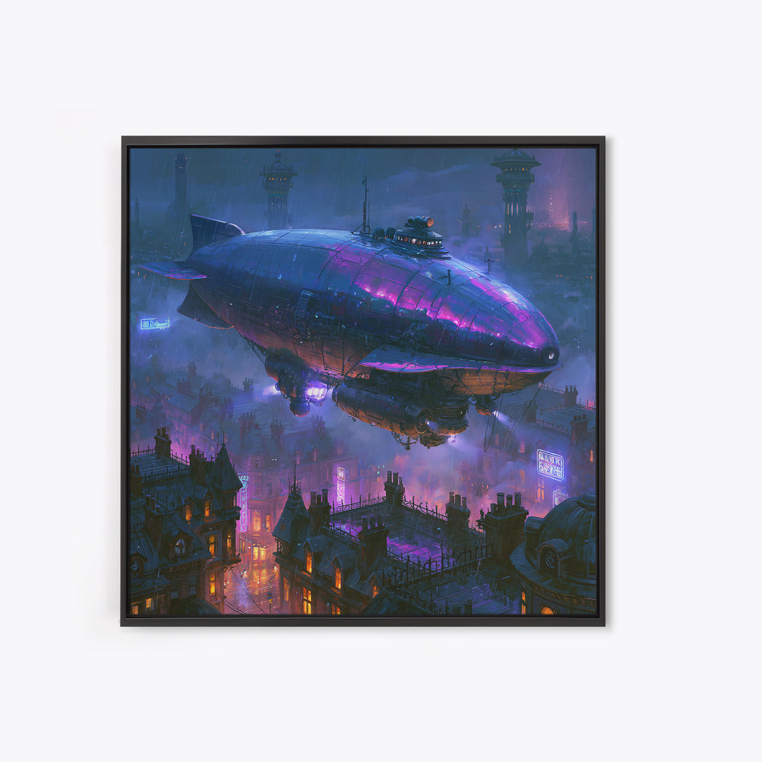 Airship Floating Above Victorian City Roofs Framed Canvas Print, Steampunk Art, Fine Art Print, Living Room Decor, Mechanic, STE-1x1-74