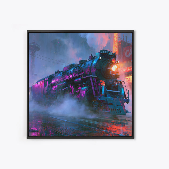 Steam Locomotive Racing Through Fog Framed Canvas Print, Steampunk Art, Statement Artwork, Living Room Decor, Mechanic, STE-1x1-78