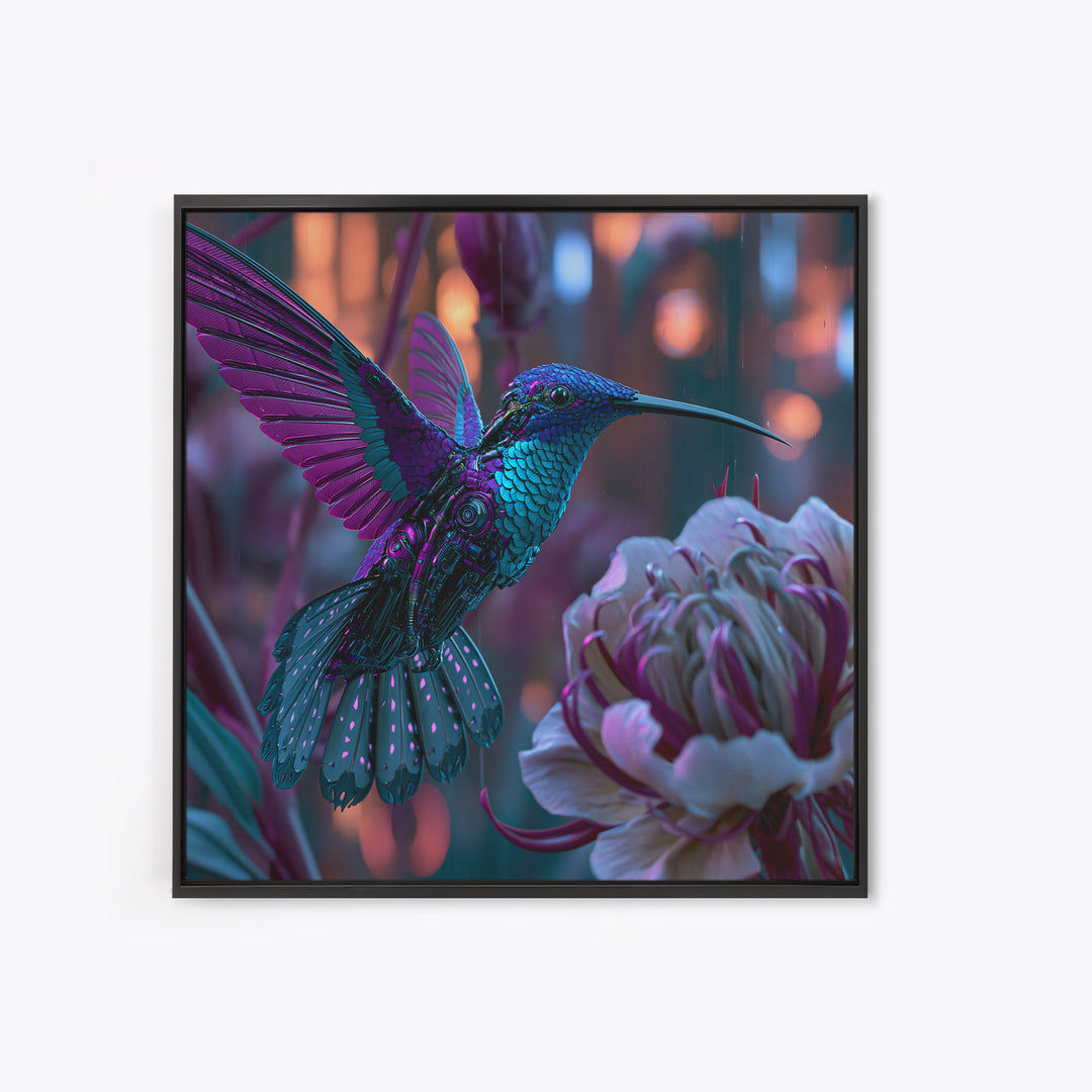 Mechanical Hummingbird Hovering Near Flower Canvas Print, Steampunk Art, Wall Decor, Living Room Decor, Oil Painting, Mechanic, STE-1x1-81