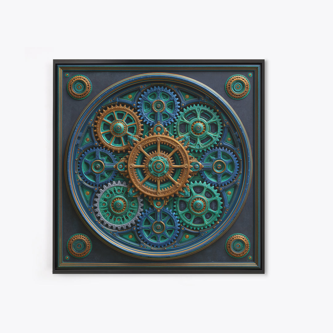 Cogwheel Mandala in Bronze and Teal Framed Canvas Print, Steampunk Art, Minimalist Decor, Living Room Decor, Fine Art, Mechanic, STE-1x1-88
