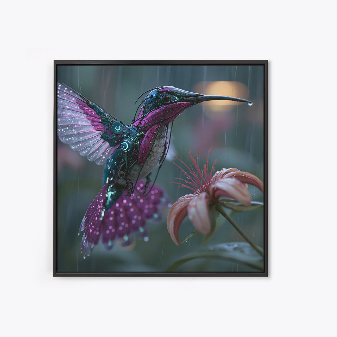 Mechanical Hummingbird Hovering Near Flower Canvas Print, Steampunk Art, Statement Artwork, Living Room Decor, Mechanic, STE-1x1-9