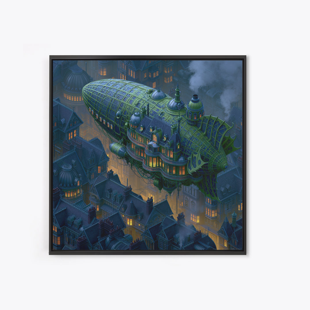 Airship Floating Above Victorian City Roofs Canvas Print, Steampunk Art, Textured Painting, Living Room Decor, Mechanic, STE-1x1-98
