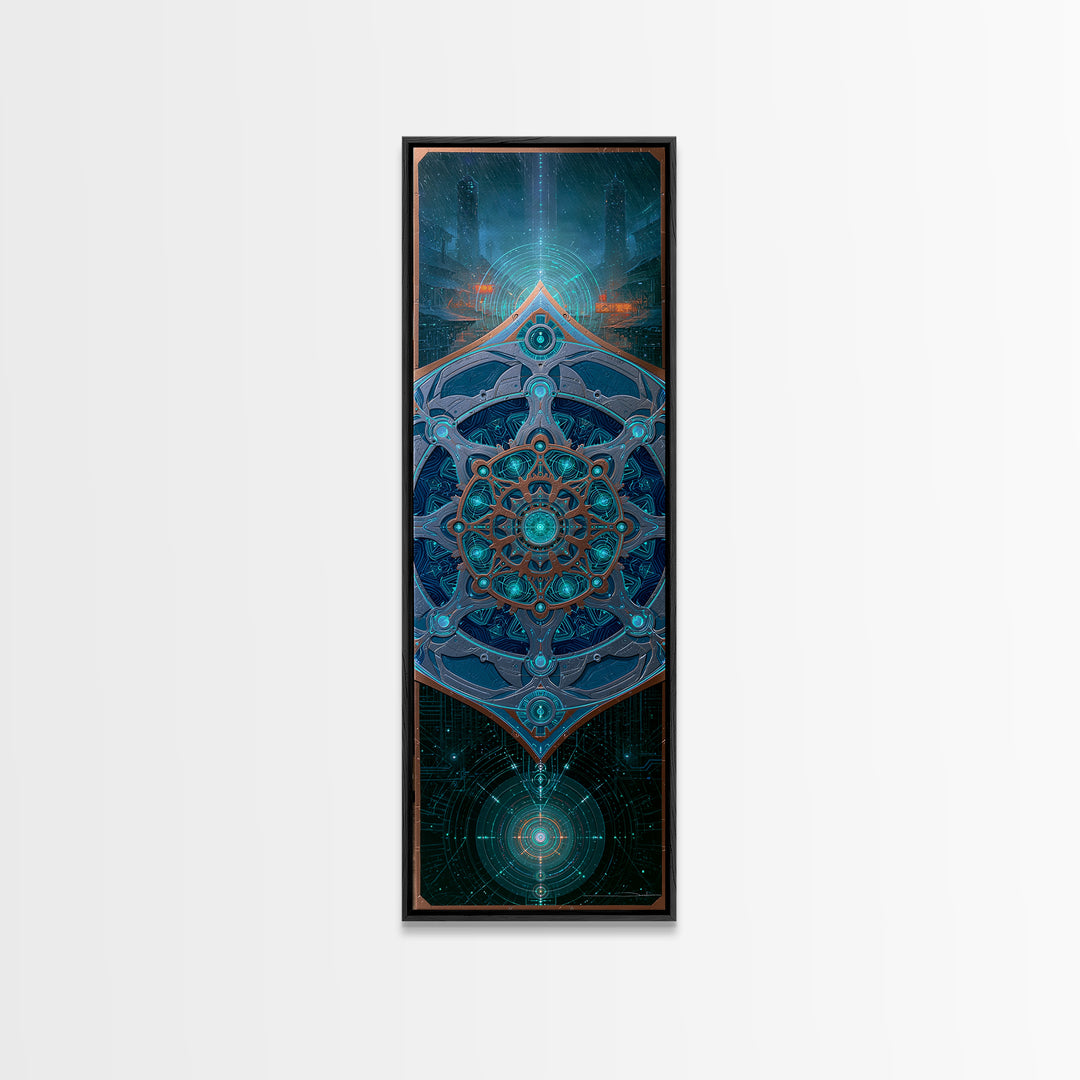 Cogwheel Mandala in Bronze and Teal Framed Canvas Print, Steampunk Art, Minimalist Decor, Living Room Decor, Fine Art, Mechanic, STE-1x3-4