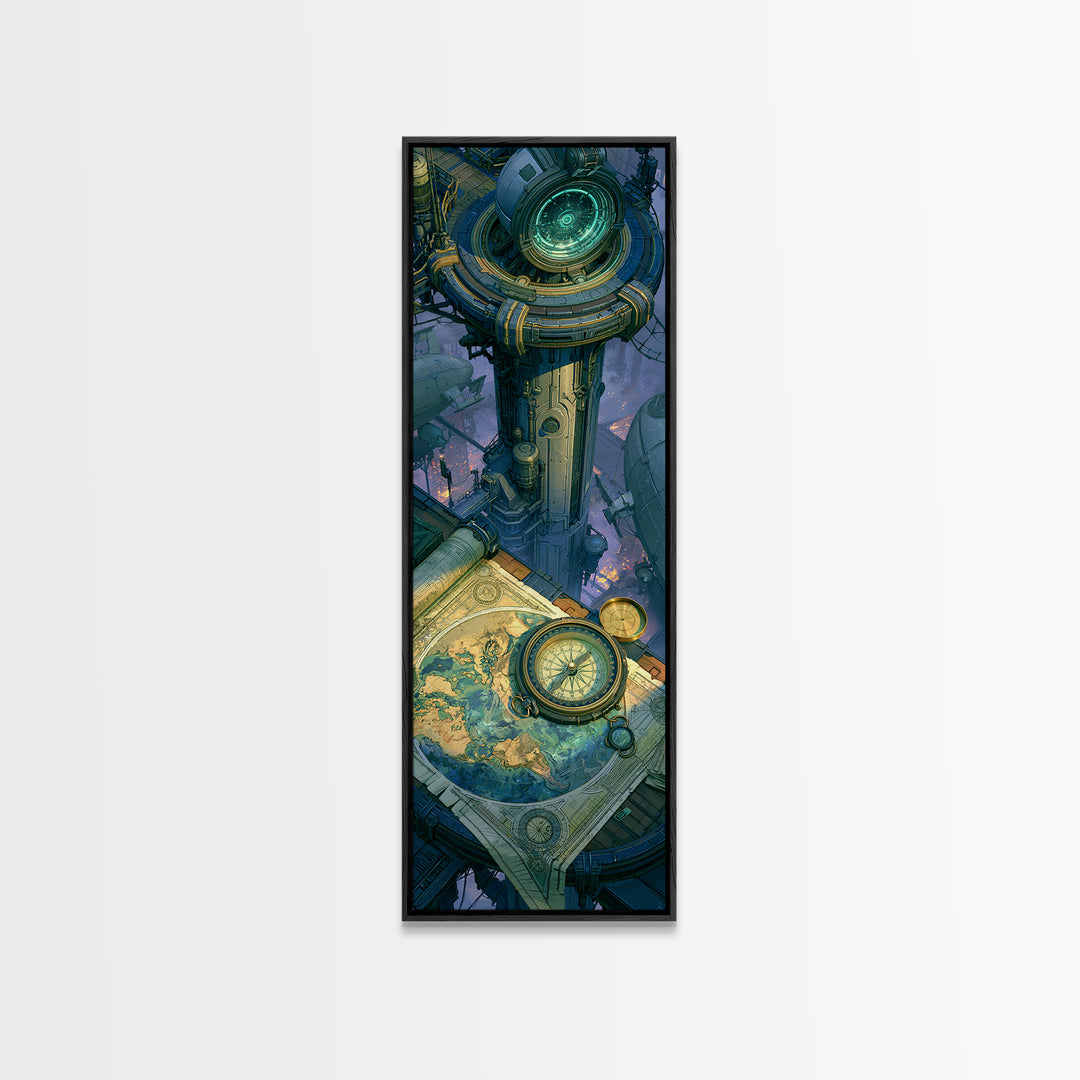 Airship Captain Map and Compass Still Life Framed Canvas Print, Steampunk Art, Dark Art, Living Room Decor, Oil Painting, STE-1x3-54