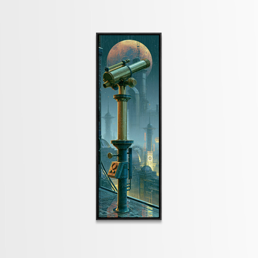 Brass Telescope Aimed at Copper Moon Canvas Print, Steampunk Art, Canvas Art, Living Room Decor, Abstract Art, Mechanic, STE-1x3-60