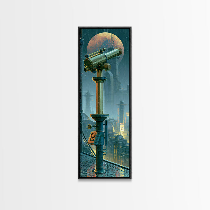 Brass Telescope Aimed at Copper Moon Canvas Print, Steampunk Art, Canvas Art, Living Room Decor, Abstract Art, Mechanic, STE-1x3-60