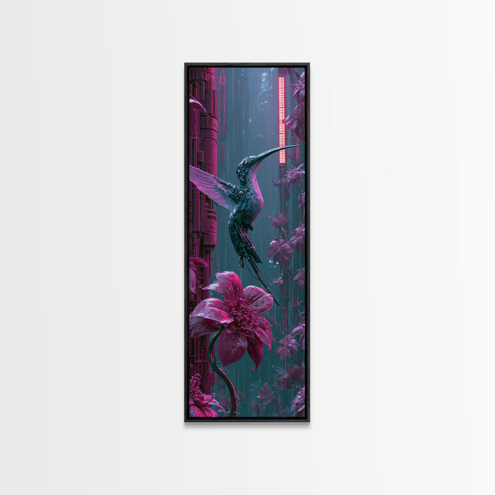 Mechanical Hummingbird Hovering Near Flower Framed Canvas Print, Steampunk Art, Wall Art, Living Room Decor, Watercolor Art, STE-1x3-69