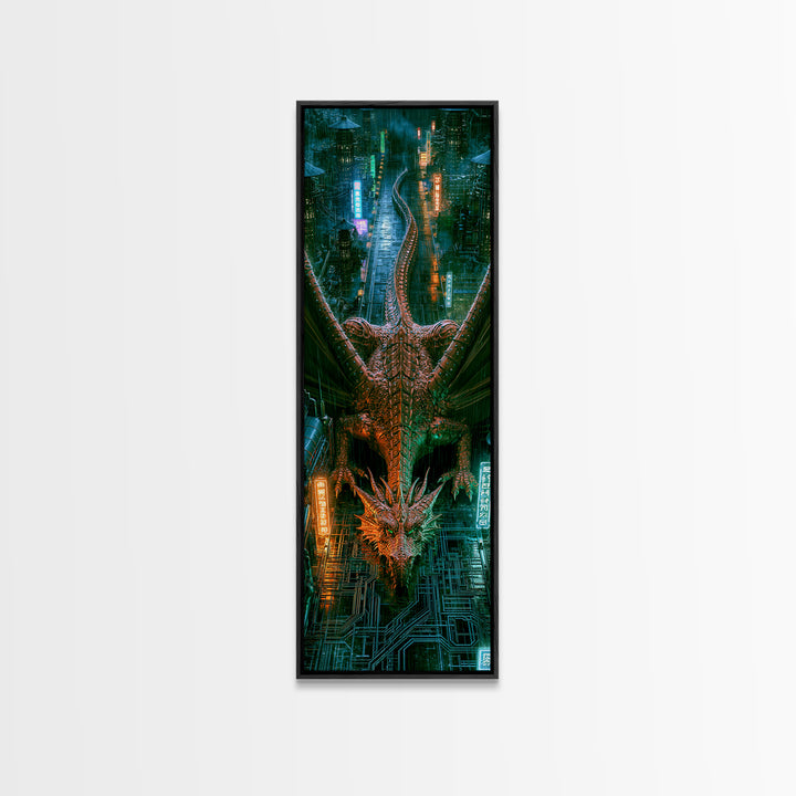 Copper Dragon with Riveted Wings Framed Canvas Print, Steampunk Art, Modern Decor, Living Room Decor, Fine Art, Mechanic, STE-1x3-70