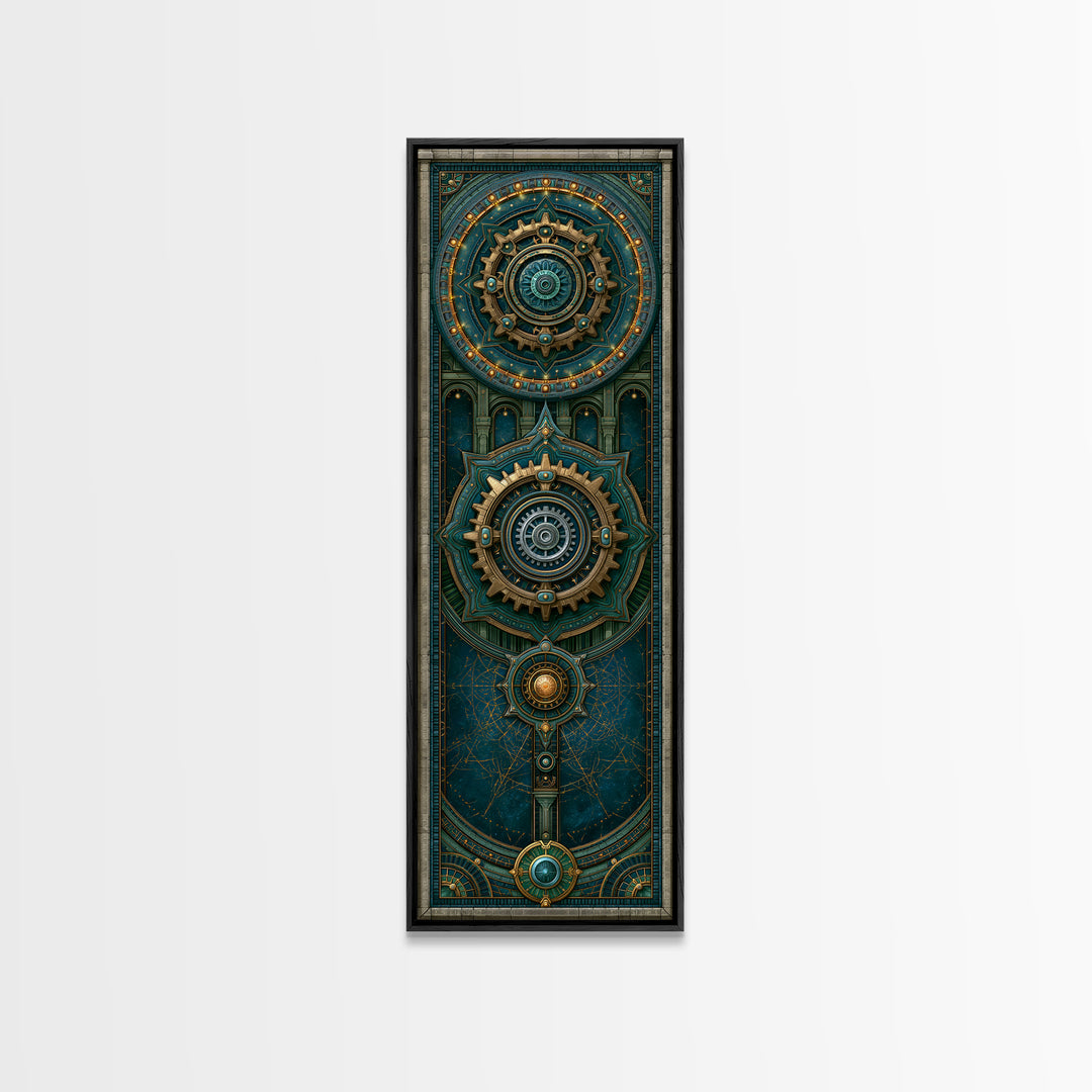Cogwheel Mandala in Bronze and Teal Framed Canvas Print, Steampunk Art, Cat Art, Living Room Decor, Oil Painting, Mechanic, STE-1x3-76