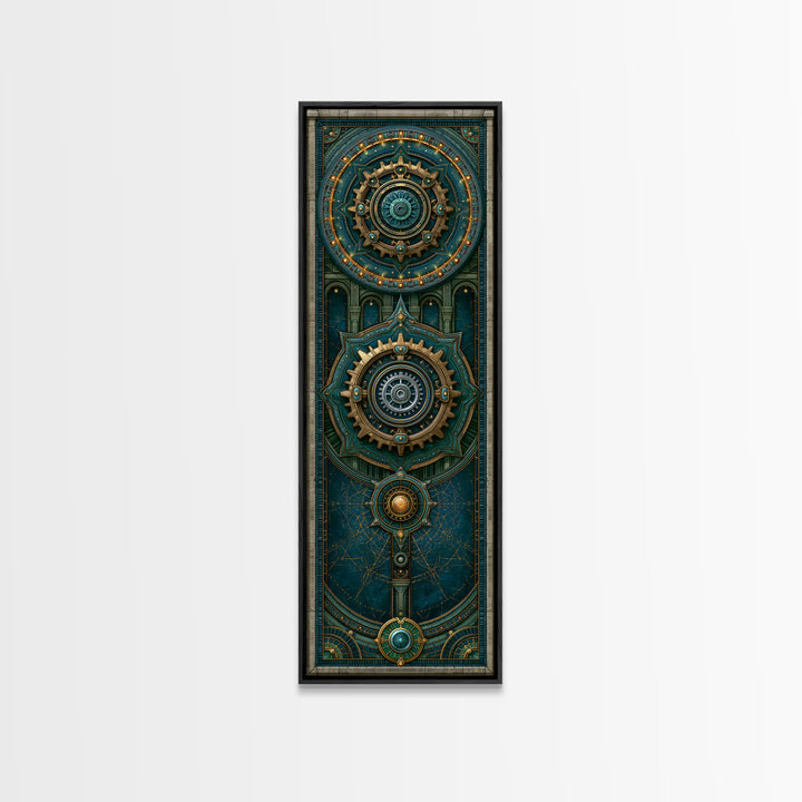 Cogwheel Mandala in Bronze and Teal Framed Canvas Print, Steampunk Art, Cat Art, Living Room Decor, Oil Painting, Mechanic, STE-1x3-76