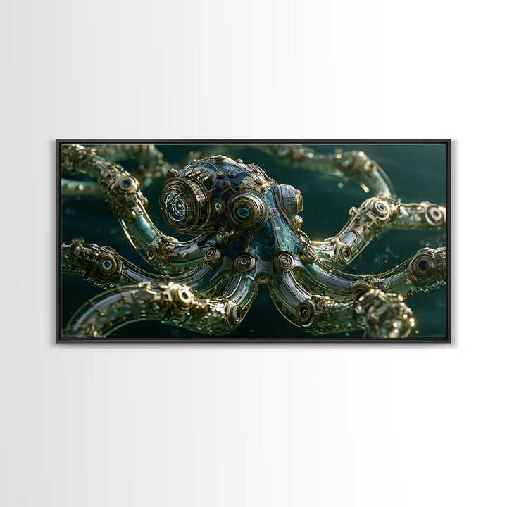 Steampunk Octopus with Brass Tentacles Framed Canvas Print, Steampunk Art, Steampunk, Living Room Decor, Fine Art, Mechanic, STE-2x1-1