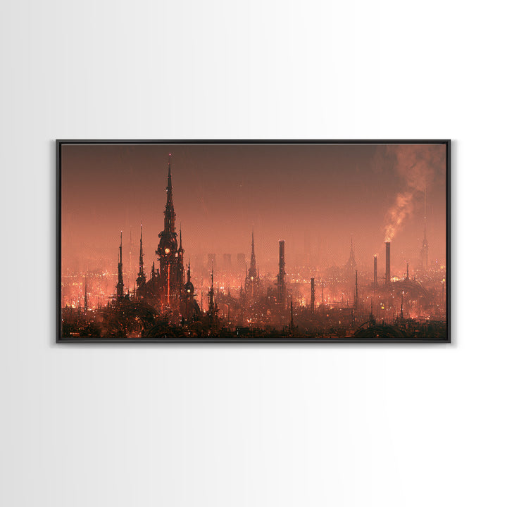 Steam Powered City Skyline Canvas Print, Steampunk Art, Digital Art, Living Room Decor, Abstract Art, Mechanic, Wall Art Print, STE-2x1-17