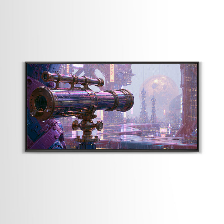 Brass Telescope Aimed at Copper Moon Framed Canvas Print, Steampunk Art, Statement Artwork, Living Room Decor, Mechanic, STE-2x1-20