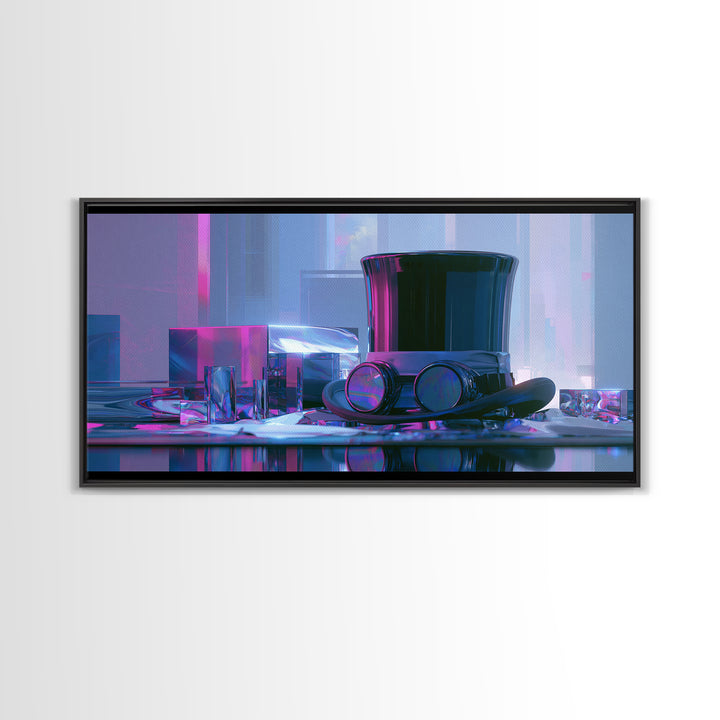 Top Hat and Goggles Still Life Framed Canvas Print, Steampunk Art, Minimalist Decor, Living Room Decor, Fine Art, Mechanic, STE-2x1-24
